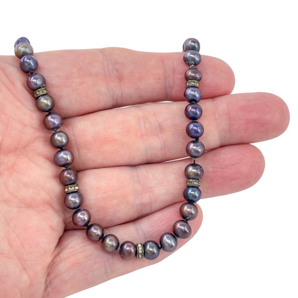 Vintage Sterling Silver 925 Handknotted Pearl Crystal Spacer Necklace 18"